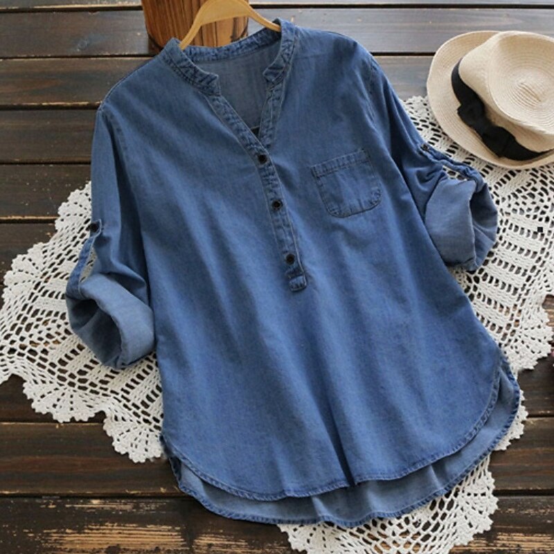Women's Shirt Blouse Plain Modern Casual Long Sleeve V Neck Regular Tops Daily Going out Pocket Navy Blue Light Blue Fall3