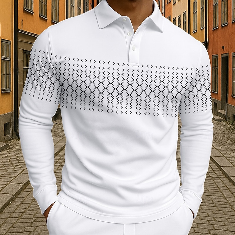 Men's Geometric Polo Long Sleeve Polo Shirts Lapel Business Casual Athleisure Daily Wear 3D Print Buttons Spring Fall Winter Black White Blue