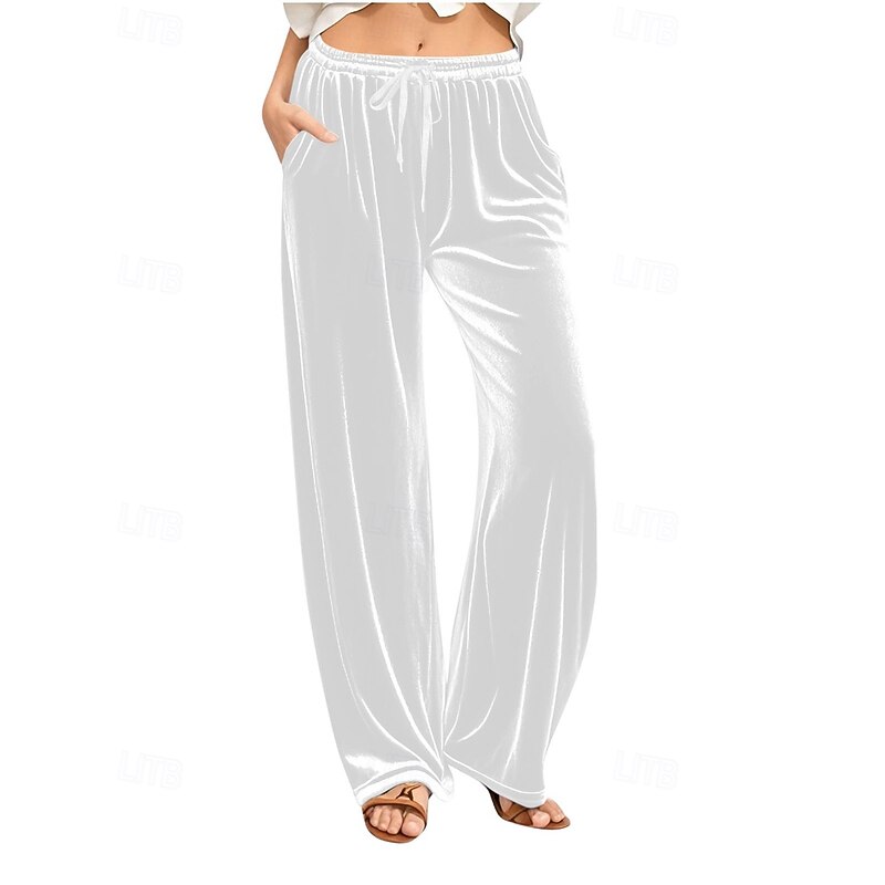 Women's Wide Leg Corduroy Pants Slacks Streetwear Casual Full Length Natural Plain Pocket Elastic Drawstring Design Comfortable Street Holiday Weekend Dark Brown Rust Black White Fall Regular Fit2