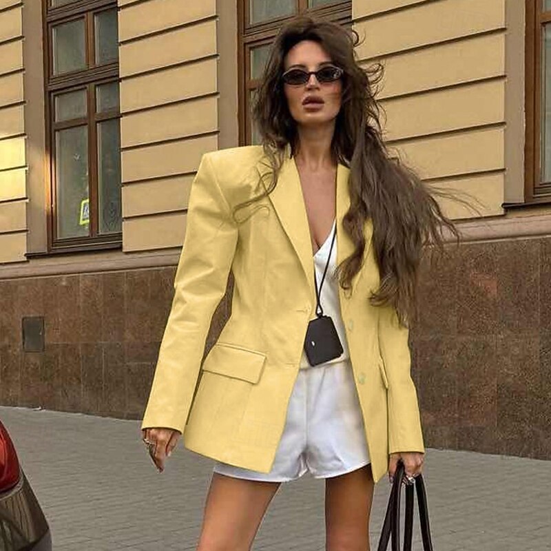 Women's100% Cotton Blazer Comfortable Buttons Elegant Vintage Daily Formal School Formal Vacation Office Single Breasted Short Peaked Lapel Regular Fit Long Sleeve Outerwear Yellow Spring Fall4