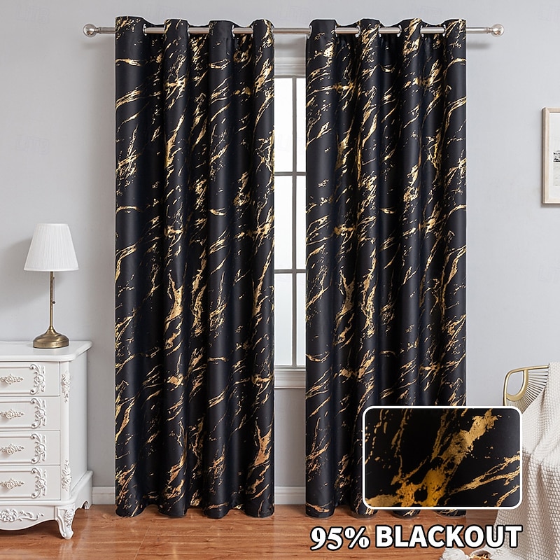 Cross-Border Luxury Marble Print Blackout Curtains with Gold and Silver Foil, High-Precision Sun-Blocking Window Drapes for Living Room, Ready-Made Panels
