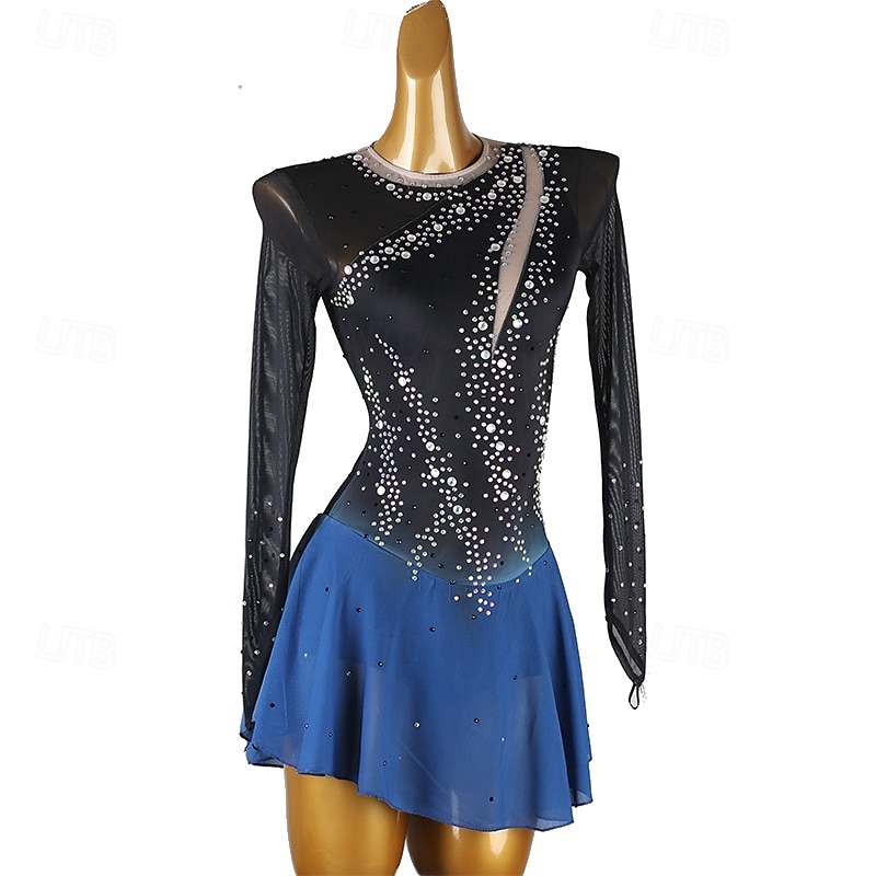 Figure Skating Dress Women's Girls' Ice Skating Dress Black+Red Blue Black Patchwork Open Back Mesh Spandex High Elasticity Training Practice Professional Skating Wear Classic Crystal / Rhinestone2