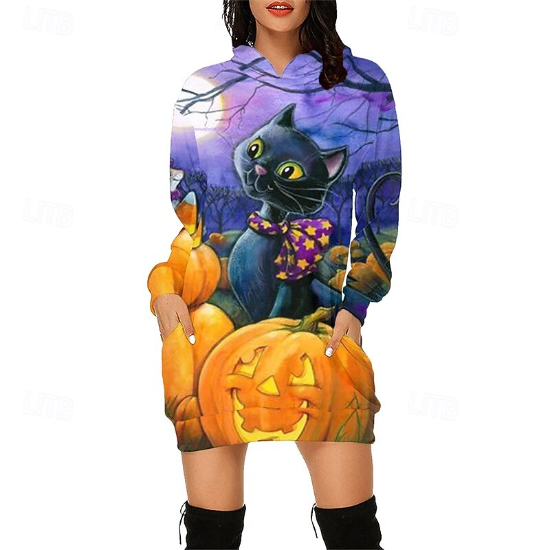Women's Mini Dress Hoodie Dress Casual Dress Fashion Modern Outdoor Halloween Daily Regular Fit Pumpkin Long Sleeve Hooded Black Royal Blue Light Purple Purple Spring Fall4