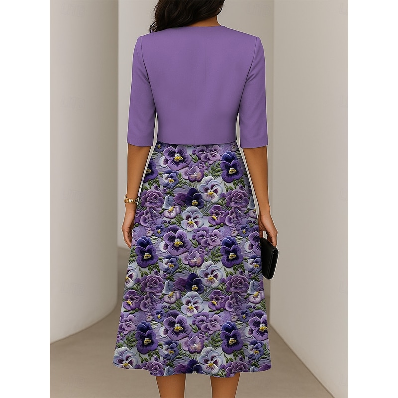 Women's Dress Set A Line Dress Elegant Casual Floral Graphic Print Midi Dress Half Sleeve Crew Neck Formal Vacation Blue Purple Dark Blue Summer Spring Regular Fit2