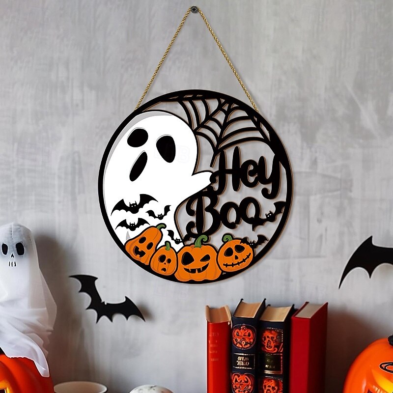Halloween Wooden Ghost Wall Hanging Sign, Hollow Carved Poplar Wood Door Decor, Heyboo Party Cartoon Wall Ornament, Spooky Door Sign