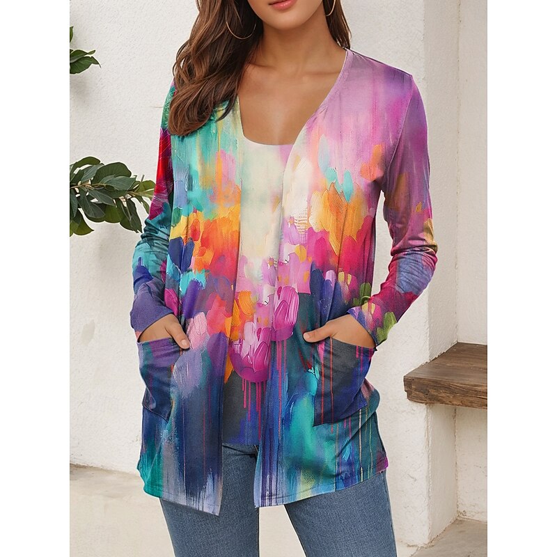 Women's T Shirt Graphic Geometric Abstract Vintage Stylish Casual Long Sleeve V Neck Regular Tops Daily Print Pink Red Blue Green Summer Spring Fall2