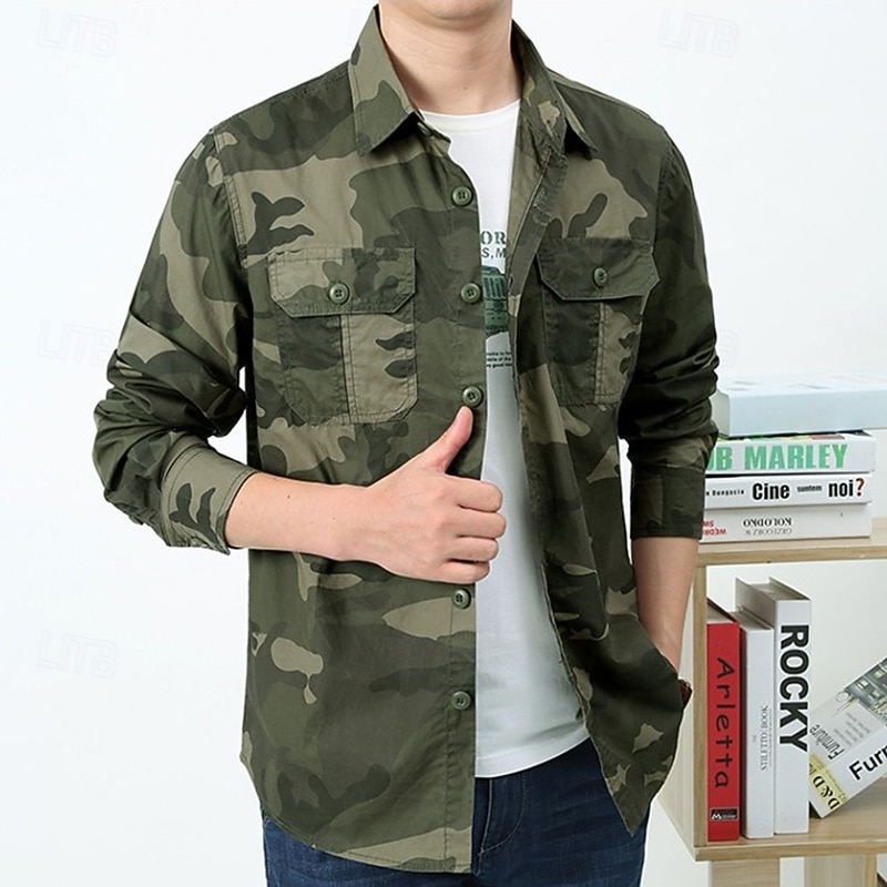 Men's Cargo Shirt Hiking Shirt Waterproof Shirt Long Sleeve Turndown Top Outdoor Breathable Cotton Camo Army Green Khaki Grey Hunting Workout Traveling2