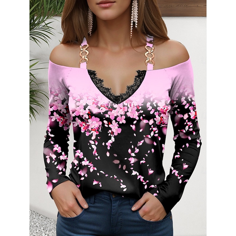 Women's T Shirt Ombre Floral Modern Long Sleeve Off Shoulder Regular Tops Daily Patchwork Print Yellow Pink Blue Purple Green Summer Spring