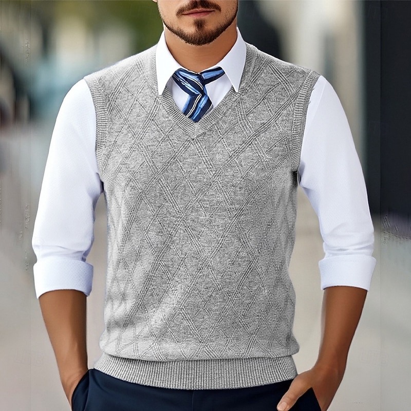 Men's Sweater Vest Dress Sweater Pullover Sweater Jumper Vest Knit Sweater Ribbed Knit Regular Tops Knitted V Neck Daily Wear Date Clothing Apparel Fall Winter Wine Dark Navy S M L2