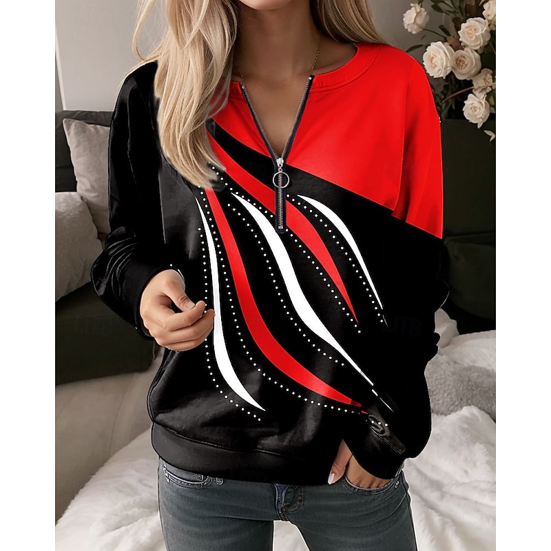 Women's Pullover Sweatshirt Zip Up Sweatshirts Graphic Geometric Abstract Fashion Casual Long Sleeve Crew Neck Regular Tops Street Dailywear Zipper Print Red Blue Purple Green Gray Spring Fall Winter