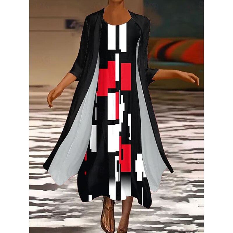 Women's Dress Set Maxi Dress Shift Dress Summer Dress Casual Graphic Geometric Layered Print Maxi Dress 3/4 Length Sleeve Crew Neck Daily White Red Spring Fall Regular Fit