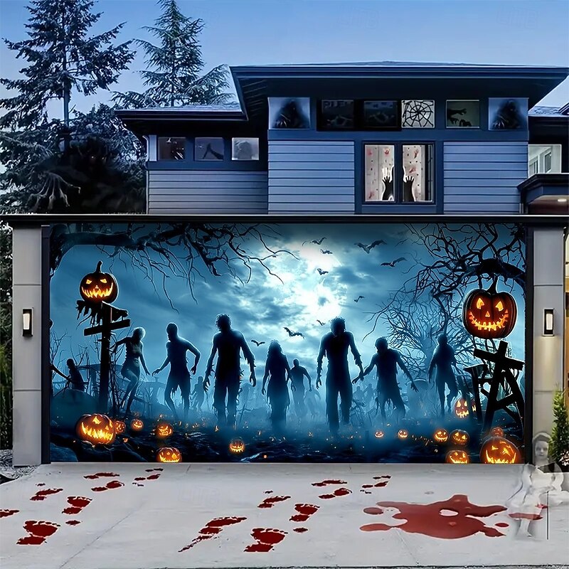 Halloween Garage Door Cover Zombie Silhouettes Banner Full Moon Foggy Graveyard Scene with Pumpkin Lanterns Horror Backdrop Tapestry for Outdoor Decoration2