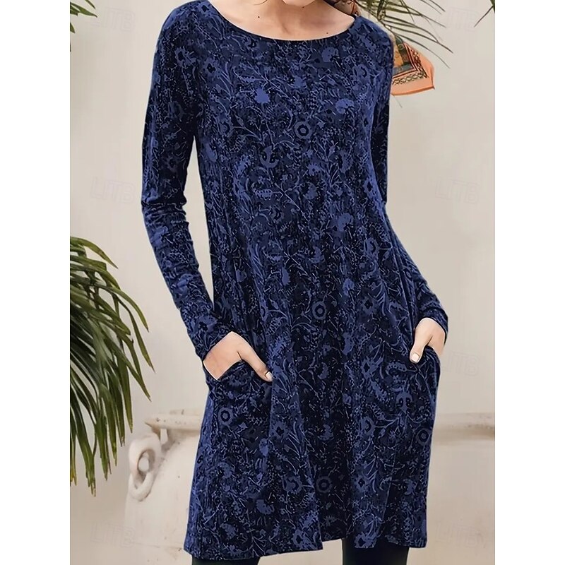 Women's Midi Dress Paisley Dress Casual Dress Winter Dress T Shirt Dress Tee Dress Casual Date Regular Fit Floral Paisley Long Sleeve Crew Neck Dark Green Ink Blue Brown Fall Winter
