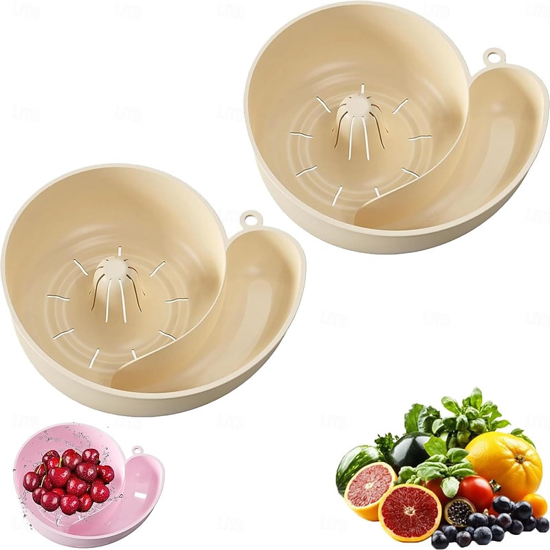 2pcs Snail Shaped Fruit Washer with Strainer Automatic Cleaning Basket with Efficient Draining System Heavy-Duty Plastic Kitchen Sink Organizer for Fruits, Vegetables, Pasta3