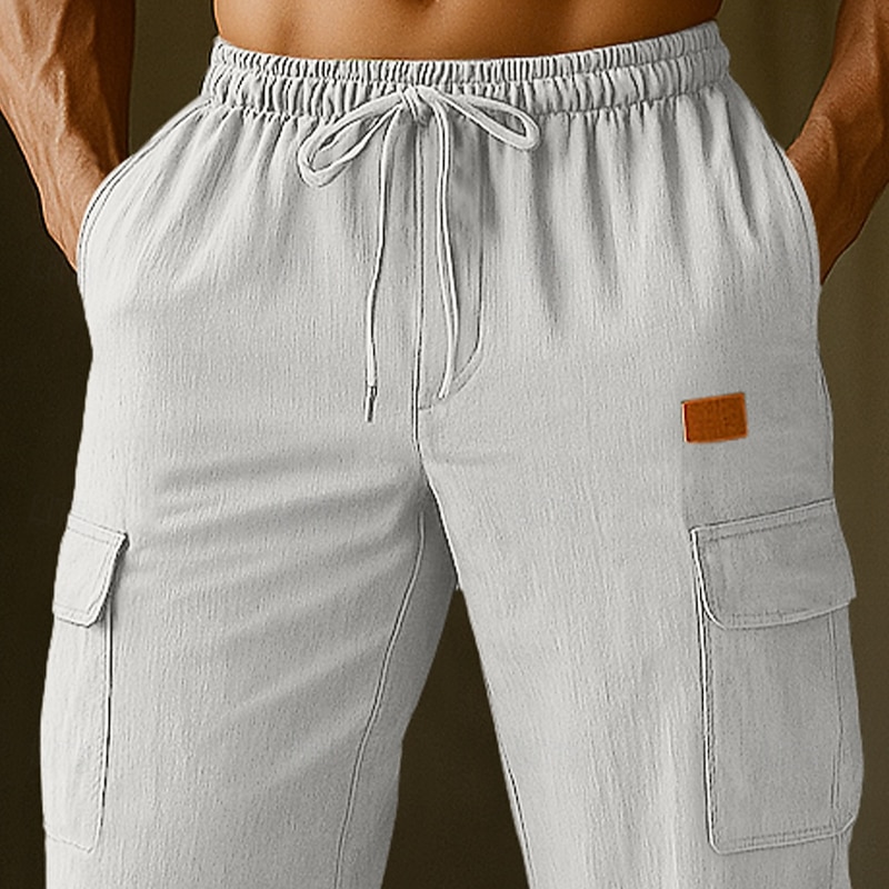 Men's Cargo Pants Linen Pants Trousers Summer Pants Beach Pants Drawstring Pocket Elastic Waist Plain Comfort Breathable Knee Length Vacation Daily Holiday Vacation Hawaiian Black White Inelastic2