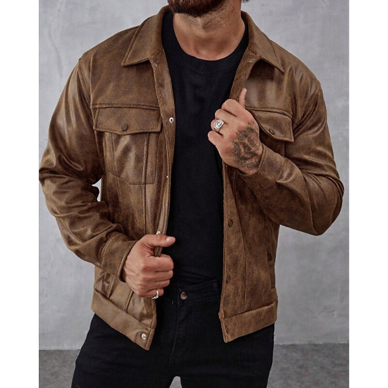 Men's Faux Leather Jacket Faux Suede Jacket Vacation Daily Windproof Warm Pocket Fall Winter Plain Fashion Classic Lapel Regular Brown Jacket