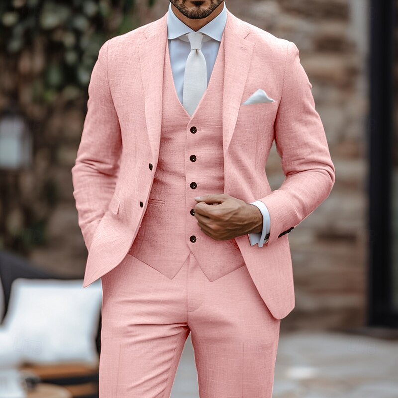 Men's Wedding Party Evening Wear Linen Suits Notch Lapel White Pink Fashion Business Solid Colored Slim Fit 3 Piece Single Breasted Two-buttons2
