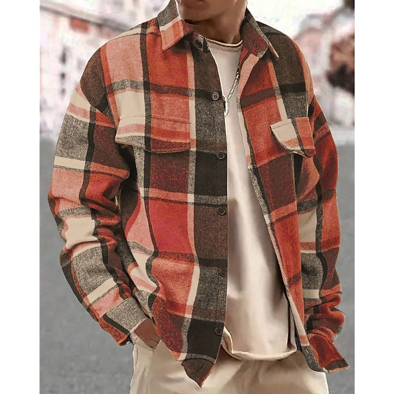 Men's Shirt Jacket Casual Jacket Vacation Daily Thermal Warm Pocket Spring Fall Plaid Fashion Classic Lapel Regular Dark Gray Yellow Orange Light Grey Rose Jacket - Main Image