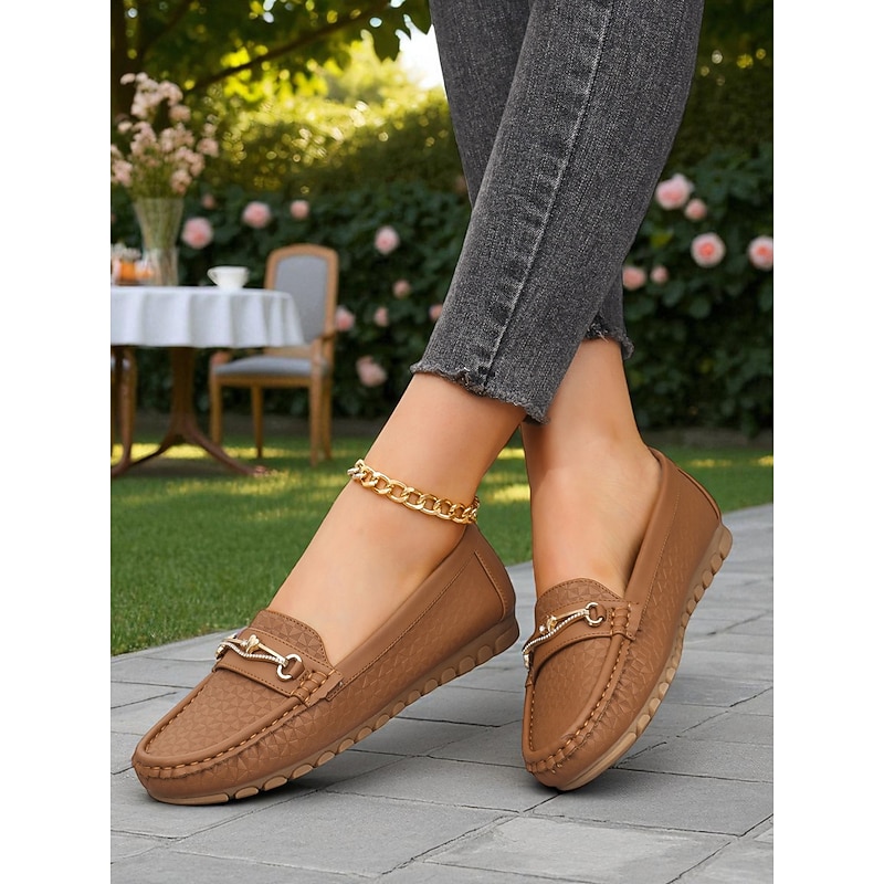 Women's Slip-On Driving Loafers – Brown Anti-Slip Moccasin Flats with Metal Bit Detail for Work, Travel and Daily Wear