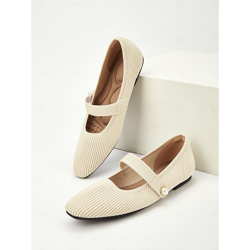 Women's Beige Knit Mary Jane Flats with Pearl Strap - Lightweight Breathable Casual Shoes for Daily Wear,Travel  and Office Outfits3