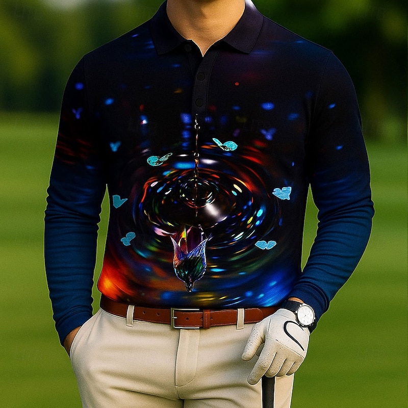 Men's Abstract Geometic Polo Long Sleeve Polo Shirts Lapel Casual Outdoor Athleisure Daily Wear 3D Print Buttons Spring Fall Winter Black  1 Black  2 Black3
