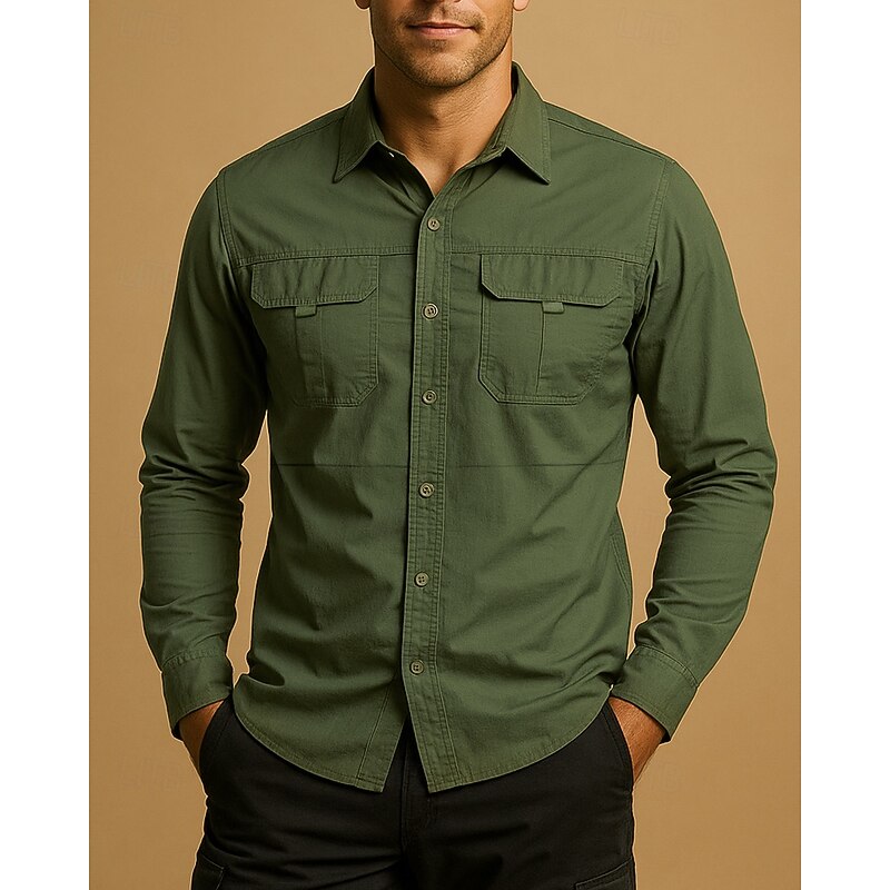 Men's Cargo Shirt Hiking Shirt Military Shirt Long Sleeve Turndown Shirt Top Outdoor Quick Dry Lightweight Breathable Cotton Black Army Green Khaki Hunting Climbing Camping / Hiking / Caving