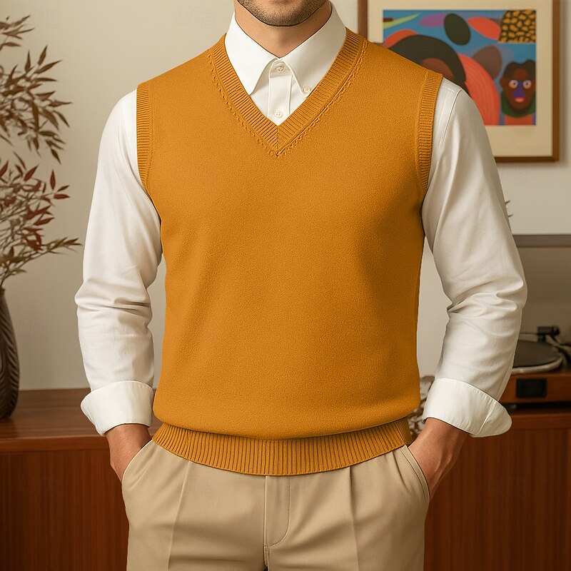 Men's Sweater Sweater Vest Pullover Sweater Jumper Ribbed Knit Regular Tops Knitted Slim Fit Plain V Neck Knitwear Contemporary Casual Daily Wear Clothing Apparel Fall Camel Black S M L2