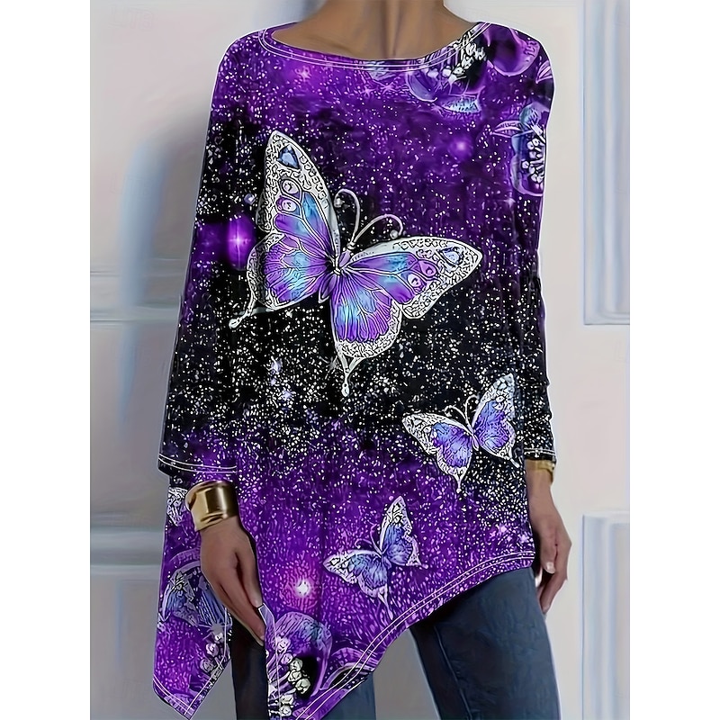 Women's T Shirt Graphic Geometric Butterfly Vintage Stylish Casual Long Sleeve Crew Neck Long Tops Daily Print Asymmetrical Yellow Purple Green Spring Fall