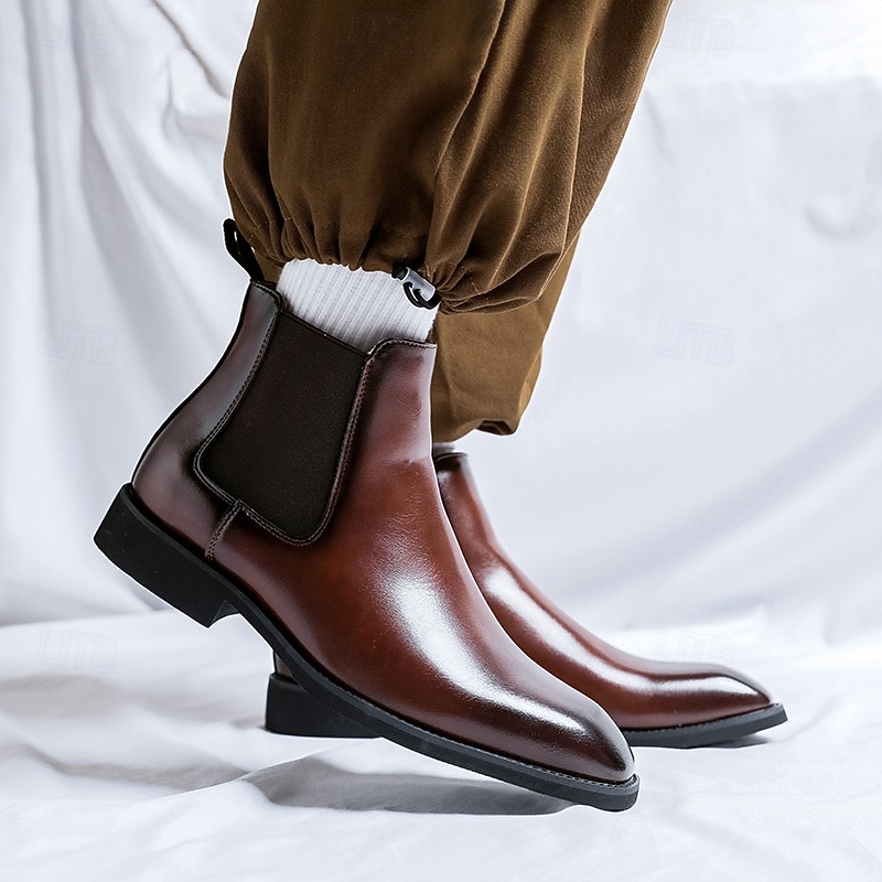 Men's Polished Brown Faux Leather Chelsea Boots with Elastic Side Panels, Classic Business Dress Boots for Office Wear, Weddings and Evening Events3