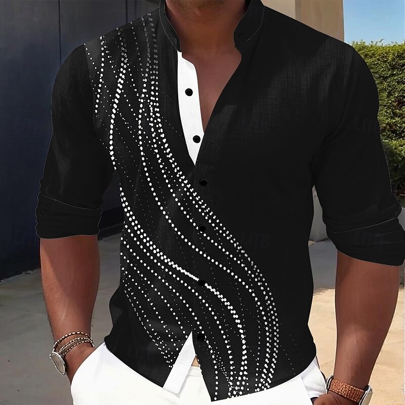 Men's Geometric Gradient Line Shirt Button Up Shirt Stand Collar Shirt Long Sleeve Casual Outdoor Vacation Daily Spring Fall Mandarin Collar Band Collar 3D Print Linen Like Shirt Red Blue Black+White3