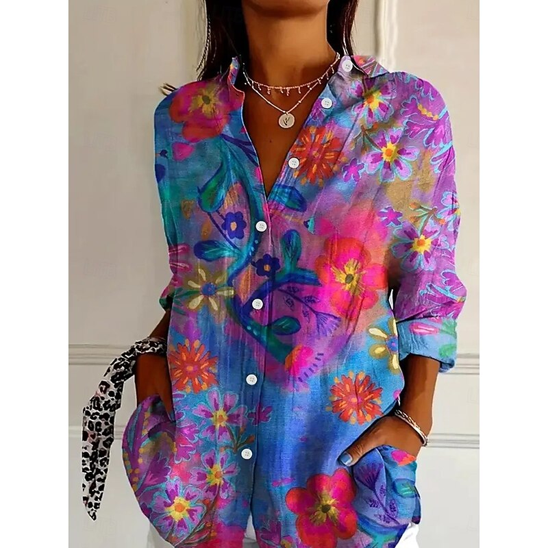 Women's Shirt Button Down Tunic Shirt Collar Long Sleeve Floral Graphic Vintage Tropical Stylish Regular Tops Work Daily s Print Fuchsia Spring Fall Winter2