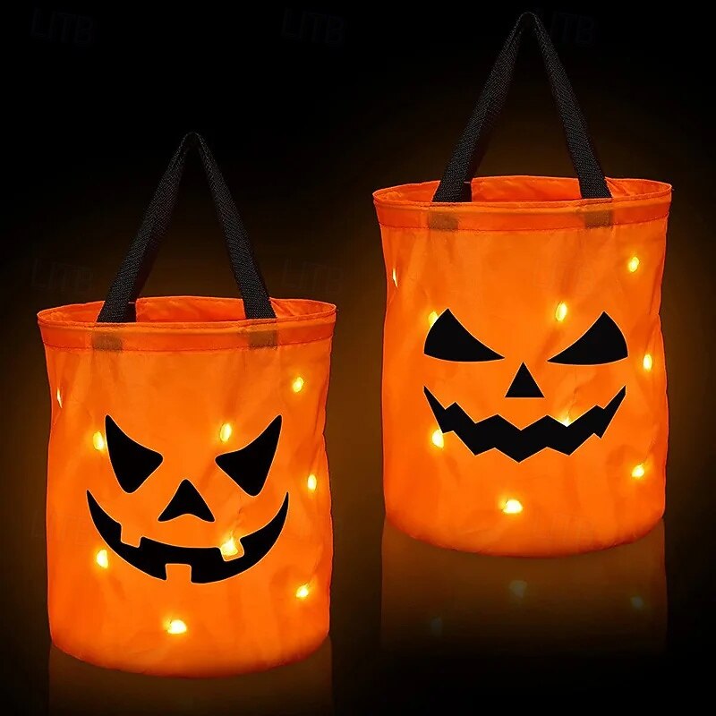 LED Light Halloween Trick or Treat Bucket Pumpkin Candy Bags Collapsible Halloween Basket for Thanksgiving Party Gift Basket4