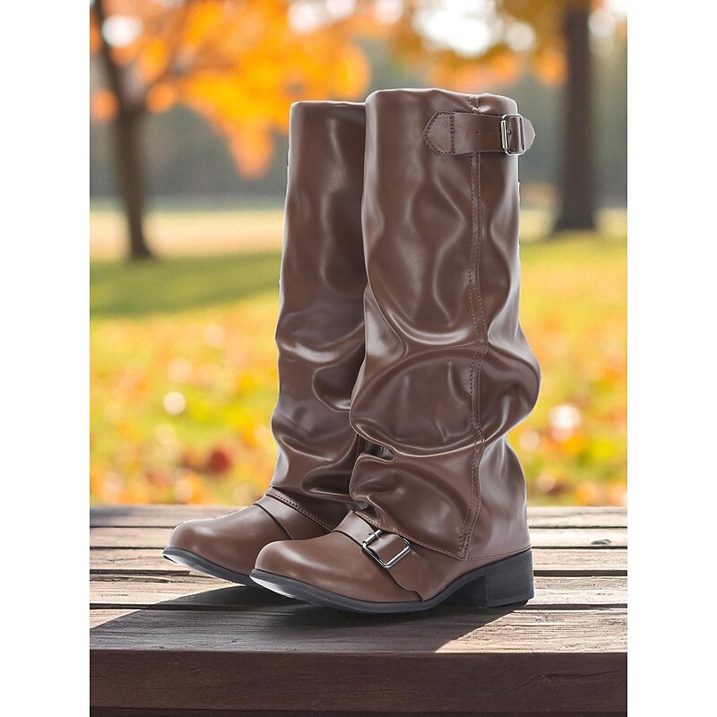 Women's Brown Knee-High Riding Boots - Faux Leather Slouchy Equestrian Style with Buckle Straps and Low Block Heel, Casual Fall Winter Footwear for Outdoor Events, Festivals and Everyday Wear4