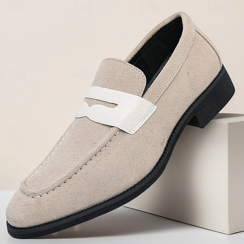 Men's Beige Slip-On Loafers – Comfortable Casual Shoes with White Strap Detail for Everyday Wear, Office Casual and Relaxed Outfits