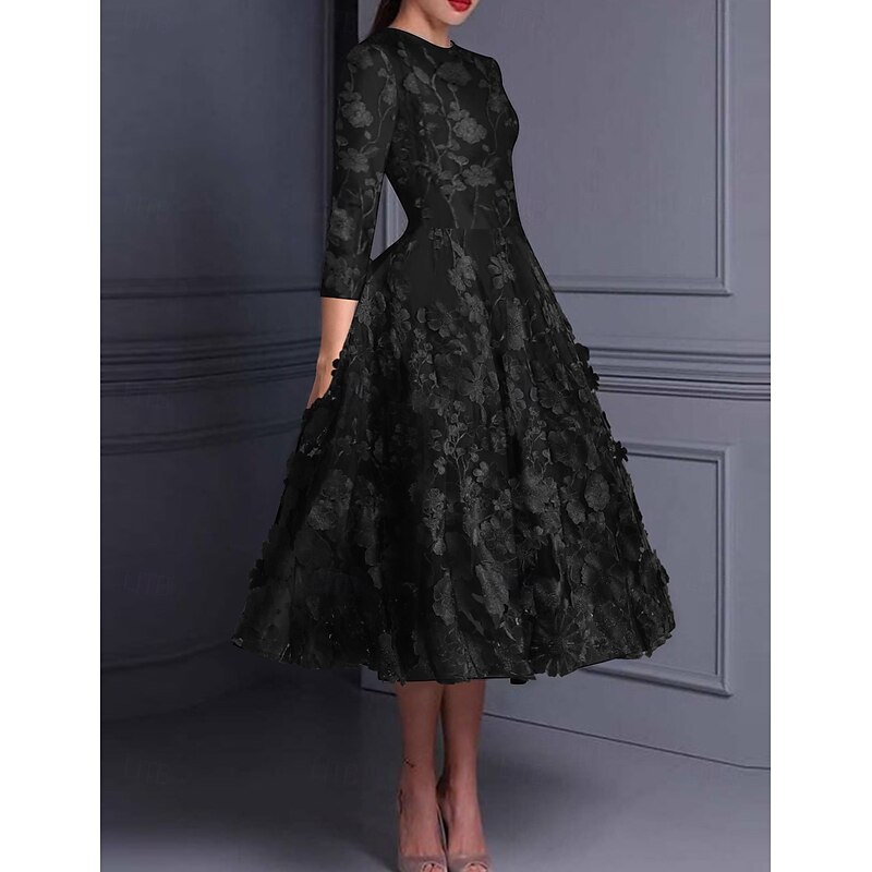 Floral Blue Black A-Line Cocktail Dresses Elegant Dress Formal Wedding Ankle Length Short Sleeve Crew Neck Pocket Satin Backless with Appliques 20253