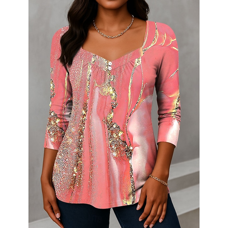 Women's T Shirt Ombre Graphic Elegant Vintage Fashion Long Sleeve Asymmetric Neck Regular Tops Daily Weekend Vacation Wear Buttons Print Pink Purple Green Summer Spring