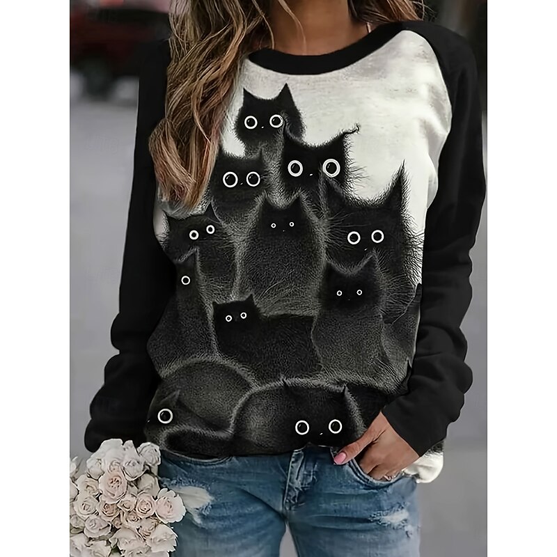 Women's T shirt Long Sleeve Graphic Animal Vintage Stylish Classic Long Sleeve Crew Neck Round Neck Regular Tops Daily Print Black  Spring Fall Prefall