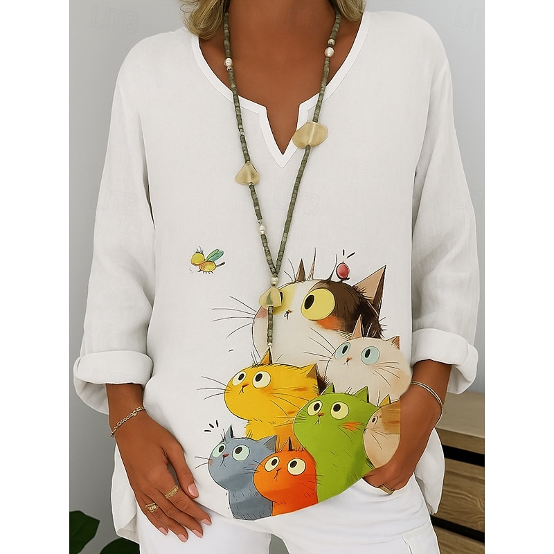 Women's Cotton Linen Shirt Graphic Animal Abstract Elegant Bohemia Vintage Long Sleeve V Neck Regular Tops Daily Holiday White Orange Summer Spring