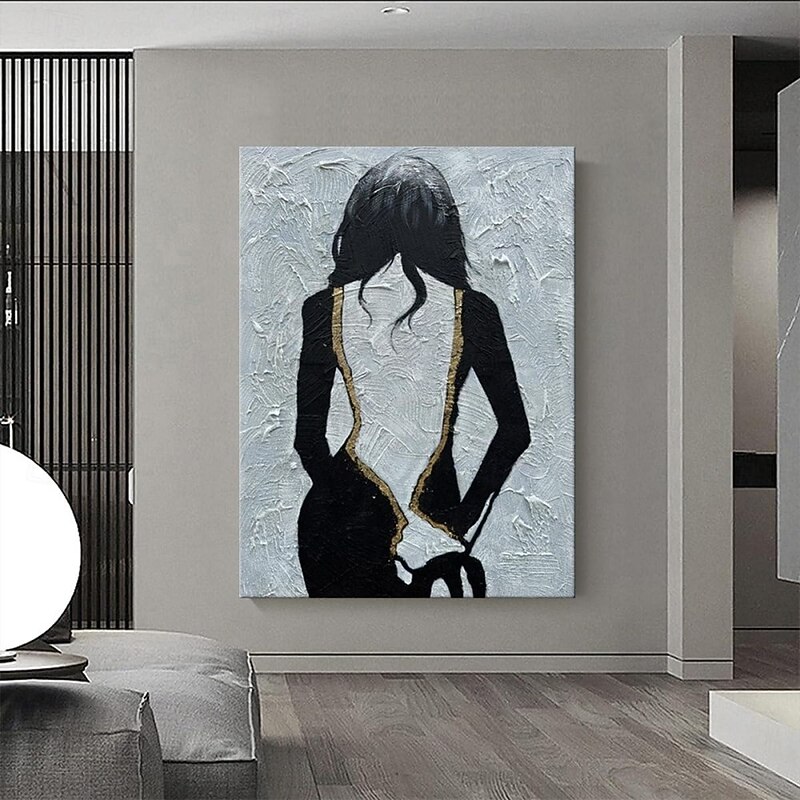 Handmade Light Blue Girl Back Thick Canvas Artwork Black And White Women Face Texture Abstract Oil Painting Simple Lines Decoration Art For Home Decor