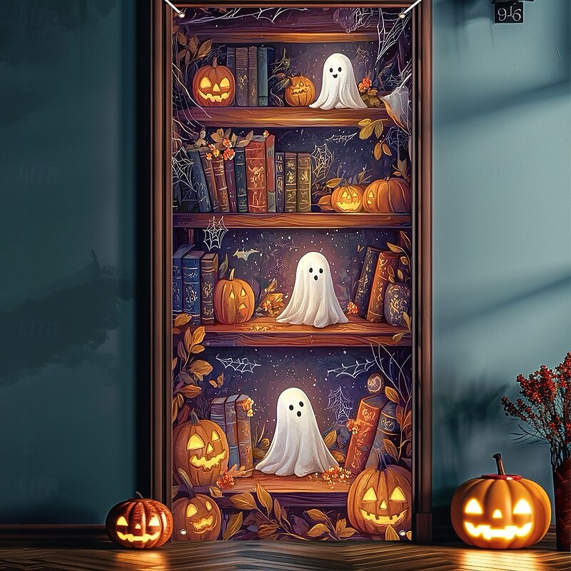 Halloween Door Cover Outdoor Banners Pumpkin Bookshelf Boo 3D Psychedelic Dark Punk Gothic Style Party Outdoor Shooting Backgrounds Front Door Wall Porch Home Decor2