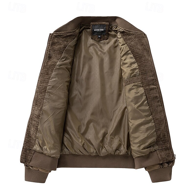 Men's Lightweight Jacket Bomber Jacket Formal Home Zipper Pocket Fall Winter Solid Color Active Neutral Collarless Regular Black Light Green Brown Khaki Jacket2