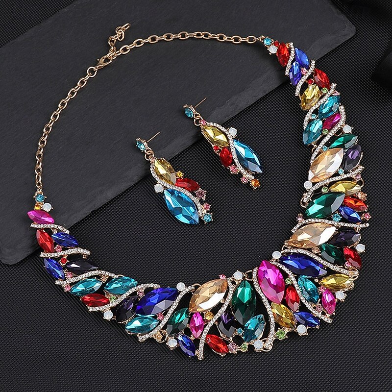 Jewelry Set Two-piece Suit Rhinestone Chrome Earrings Necklace Women's Elegant Vintage Fashion Vintage Style Classic Jewelry Set For Wedding Party Special Occasion4