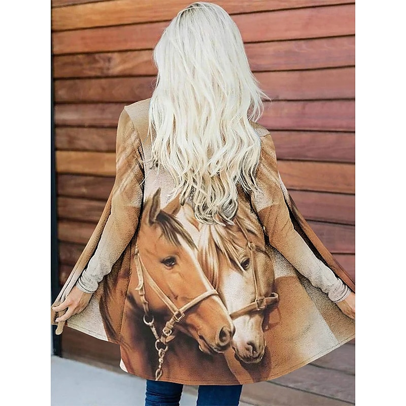 Women's Casual Jacket Warm Comfortable Irregular Hem Elegant Vintage Fashion Modern Animal Street Casual Athleisure Daily Long Collarless Loose Fit Long Sleeve Outerwear Black Brown Khaki Fall