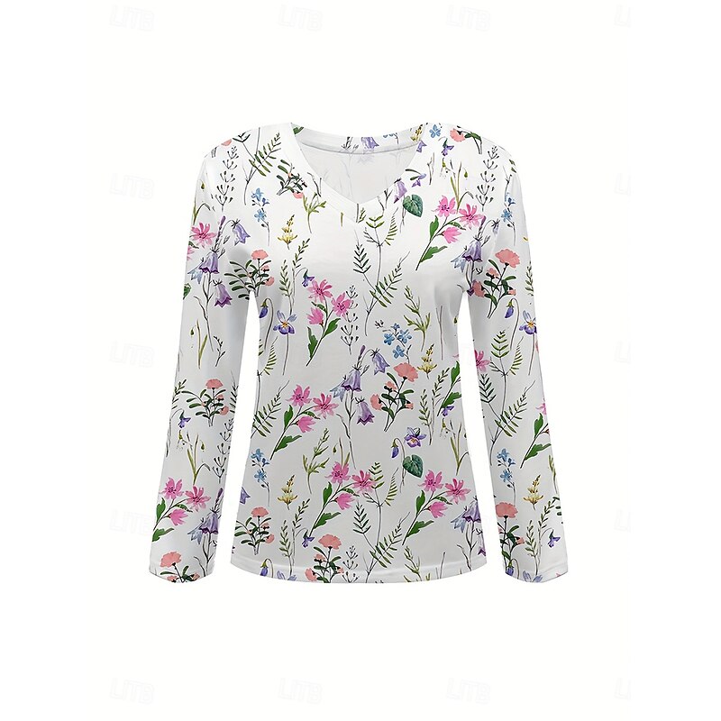 Easter Women's T Shirt Floral Graphic Plants Vintage Stylish Classic Long Sleeve V Neck Regular Tops Daily Print Pink Spring Fall Winter2