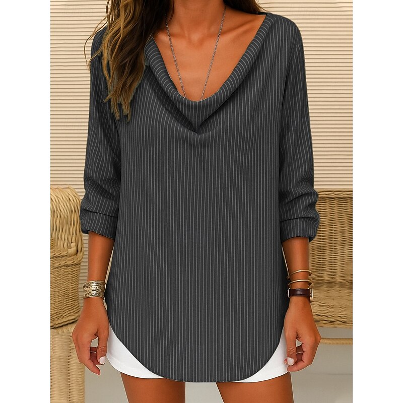 Women's T Shirt Striped Casual Long Sleeve Pile Neck Regular Tops Daily Black Blue Green Gray Spring Fall4