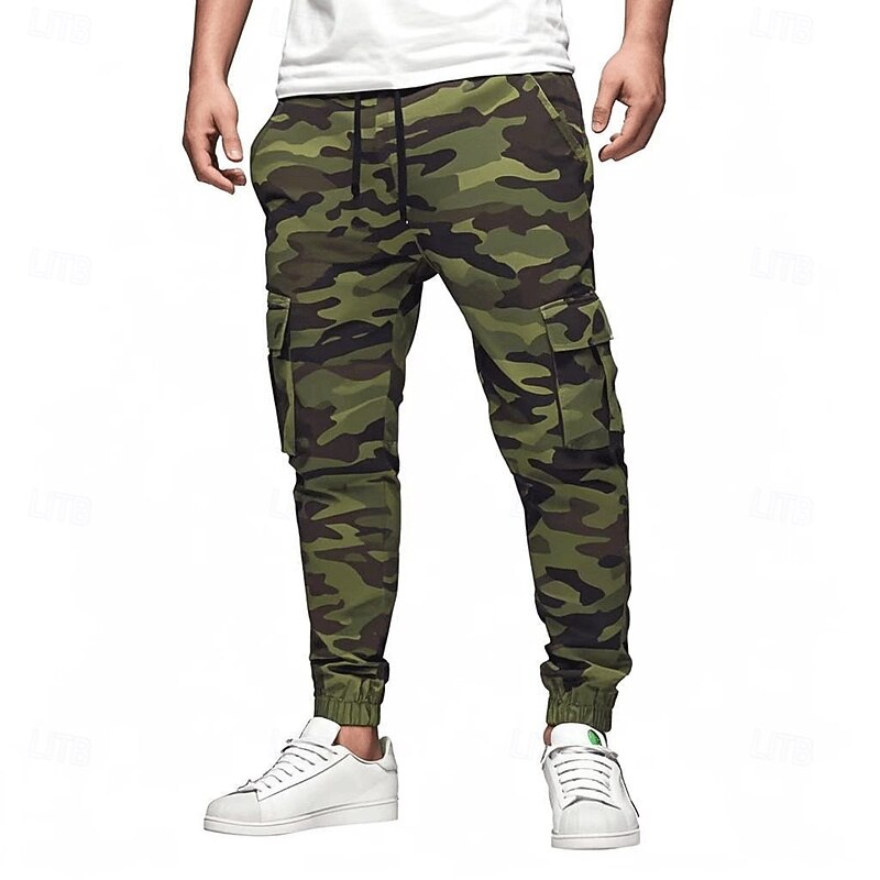Men's Cargo Pants Cargo Trousers Joggers Trousers Casual Pants Drawstring Elastic Waist Elastic Cuff Camouflage Full Length Sports Outdoor Daily Running Streetwear Ethnic Style Blue 1# Purple2