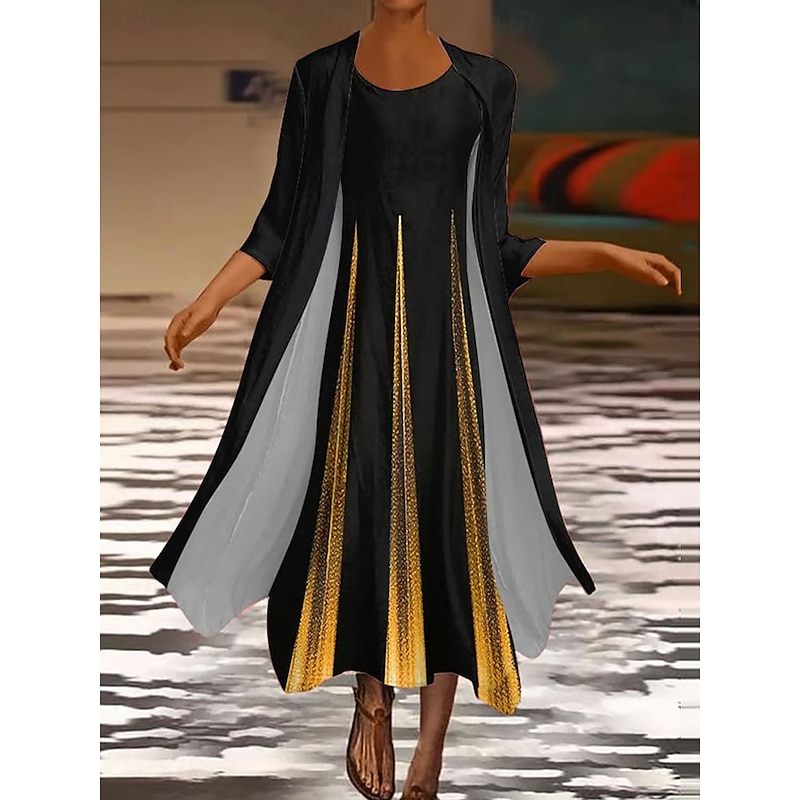 Women's Dress Set Shift Dress Summer Dress Casual Ombre Geometric Layered Print Midi Dress 3/4 Length Sleeve Crew Neck Daily White Yellow Orange Spring Fall Regular Fit