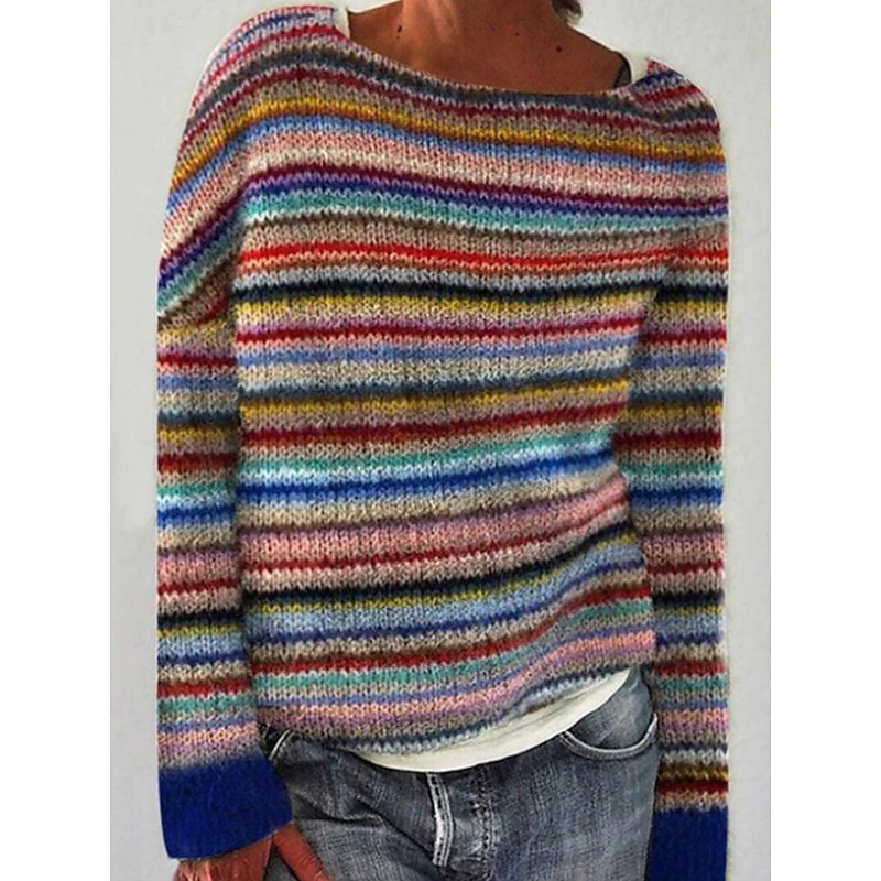 Women's Sweater Casual Soft Geometric Ribbed Crew Neck Knitted Long Sleeve Regular Tops Knit Outdoor Daily Weekend Royal Blue Blue Fall Winter