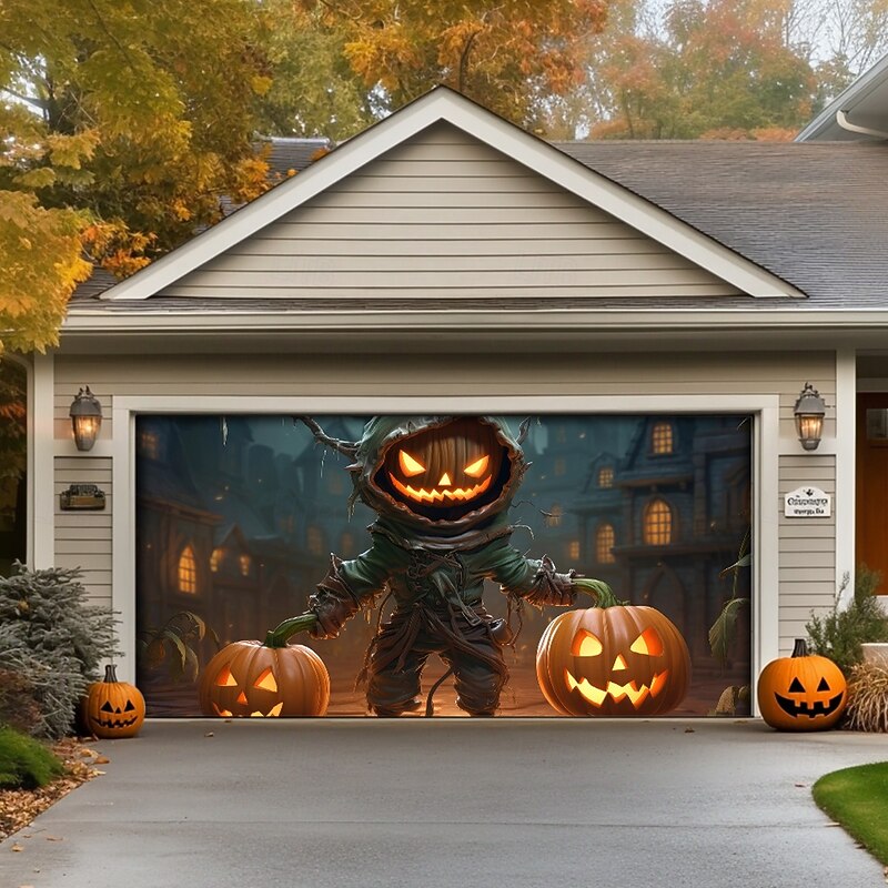 Halloween Tapestry Garage Door Cover Large Hanging Backdrop Pumpkin Scarecrow 3D Dark Punk Gothic Style Party Outdoor Shooting Backgrounds Front Door Home Decor2
