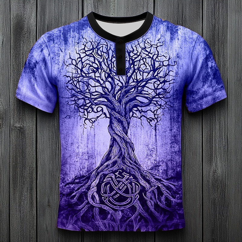 Men's Tree Pattern T Shirt Henley Shirt Short Sleeve Vintage Designer Retro Vintage Street Casual Daily Summer Spring All Seasons Blue Dark Green Purple Orange khaki Henley Henley T-Shirt3
